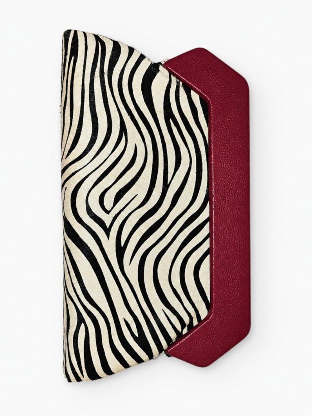 J.McLaughlin Thela Clutch in a zebra pony hair pattern with red leather handle